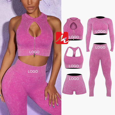 女性 5 ピース スポーツ ブラとレギンス シームレス リブ フィットネス セット スポーツウェア